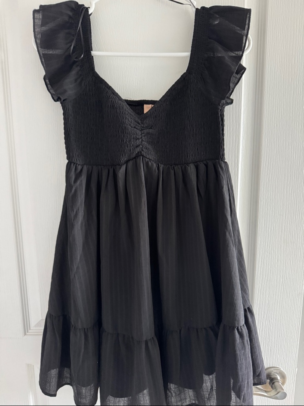 Black Ruffled Sleeve Smocked Bodice Mini Dress